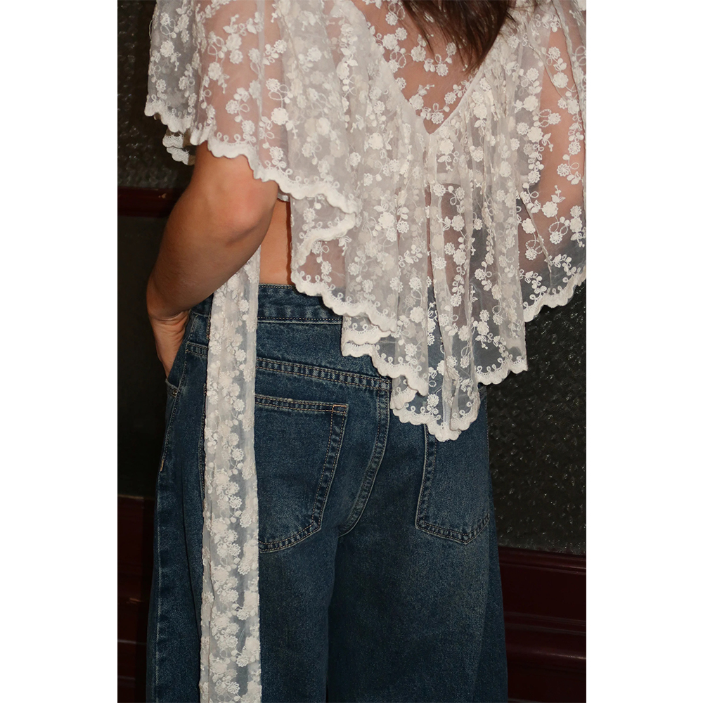 T-shirts d'été pour femmes, style Kawaii Grunge, en dentelle, broderie florale, Coquette, sexy, transparents, à volants irréguliers, manches flottantes, coupe ample