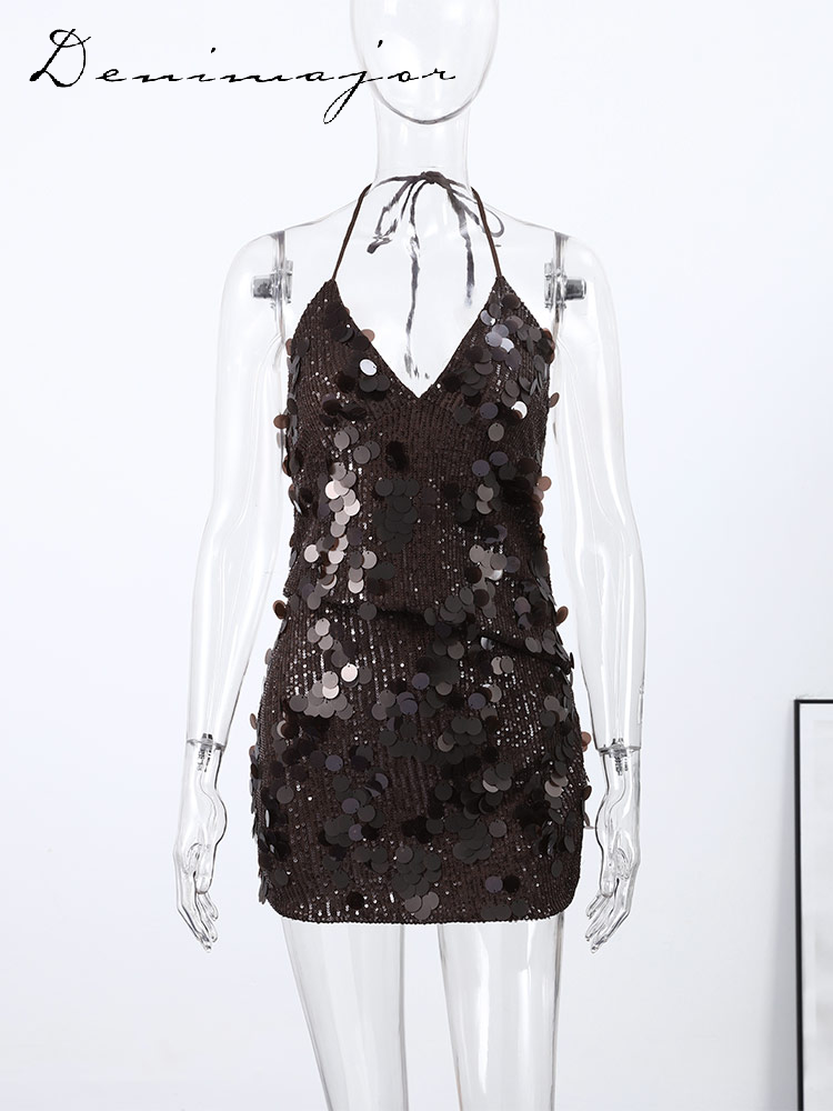 Ensemble Mini jupe Sexy à paillettes, 2 pièces pour femmes, col licou, sans manches, dos nu, gilet, jupe moulante, tenues de Club de fête d'été, 2026