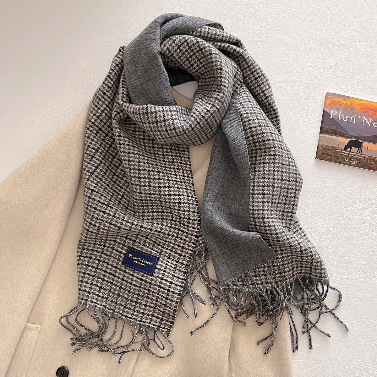 Écharpe chaude longue et épaisse pour femmes, 50x200CM, châle Pashmina à pampilles, fausse cachemire, couverture imprimée pied-de-poule, automne hiver