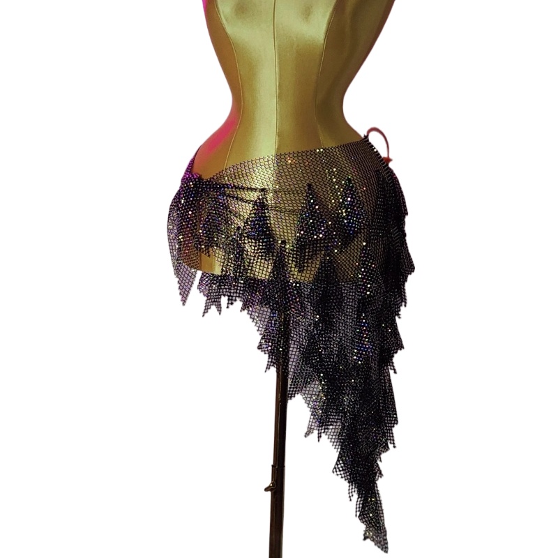 Costume de danse du ventre pour femmes, pierres AB avancées, chaîne de taille orientale, pompon, fesses, jupe écharpe de danse du ventre féminine