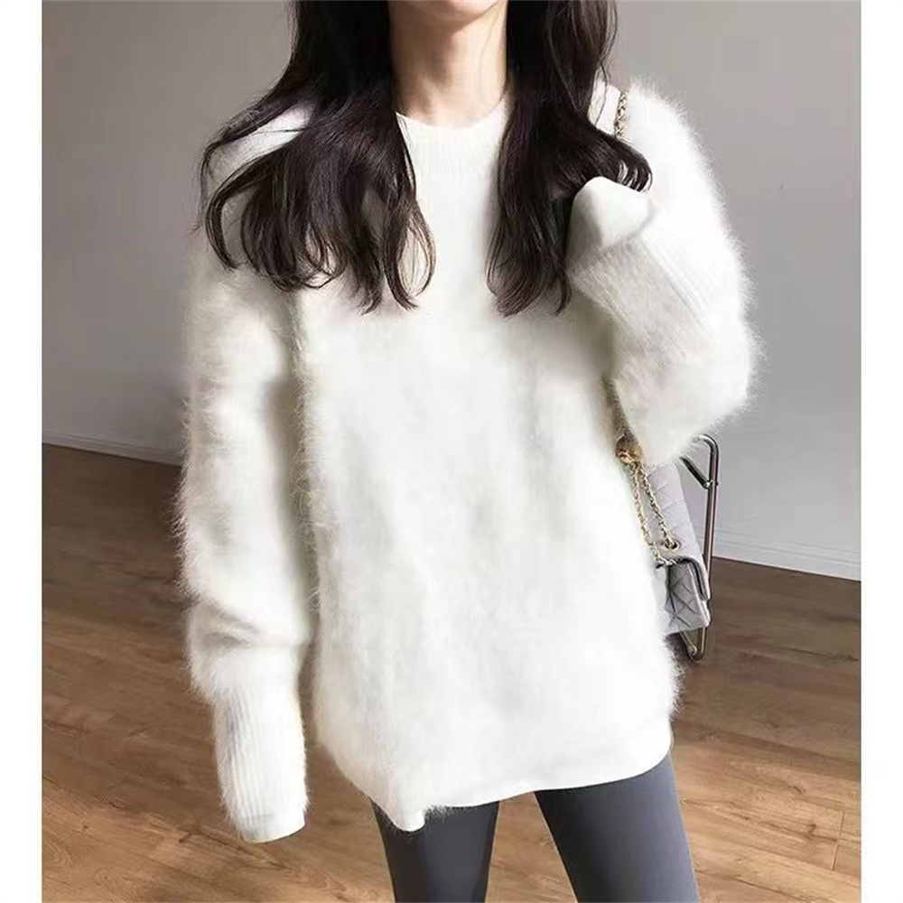 Pull à Col Rond en Velours de Vison pour Femme, Vêtement de Couleur Unie, Nouvelle Collection Automne-Hiver 2025