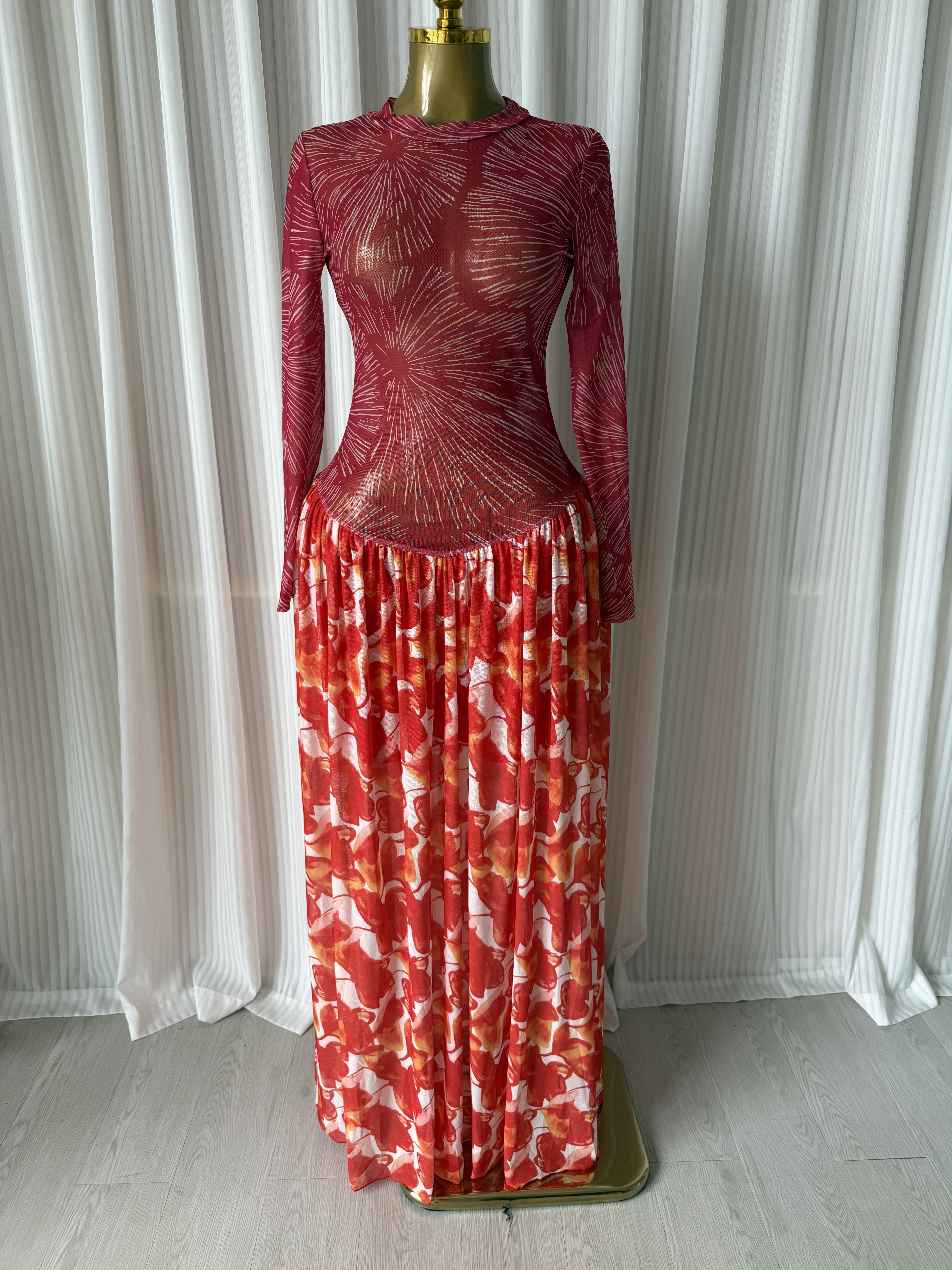 Robe longue élégante pour femme, mode automne, imprimée, en maille patchwork, manches longues, moulante, plissée, sexy, pour anniversaire, soirée ou fête.