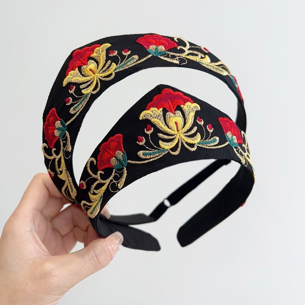 Nouveau serre-tête en velours brodé floral, texture lisse, noir, élastique, accessoires pour cheveux