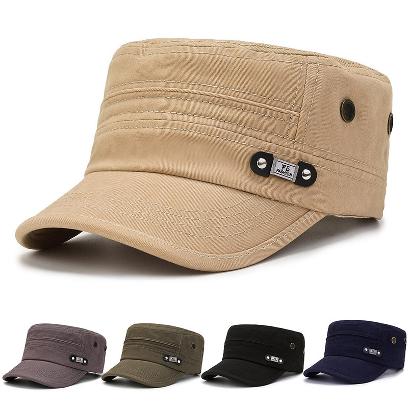 Casquette militaire pour homme, en coton, style cadet, réglable, avec badge métallique, respirante, avec œillets latéraux, protection solaire, décontractée, pour activités de plein air.