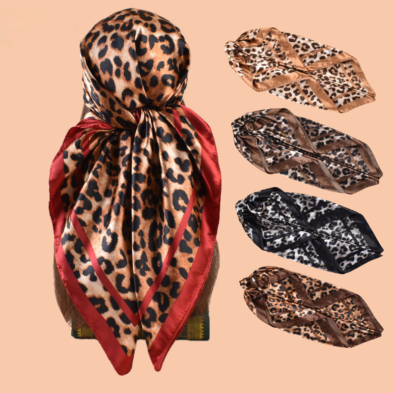 Foulard carré en satin imprimé léopard de luxe pour femme, écharpe de tête, châle, bandana, 90 cm