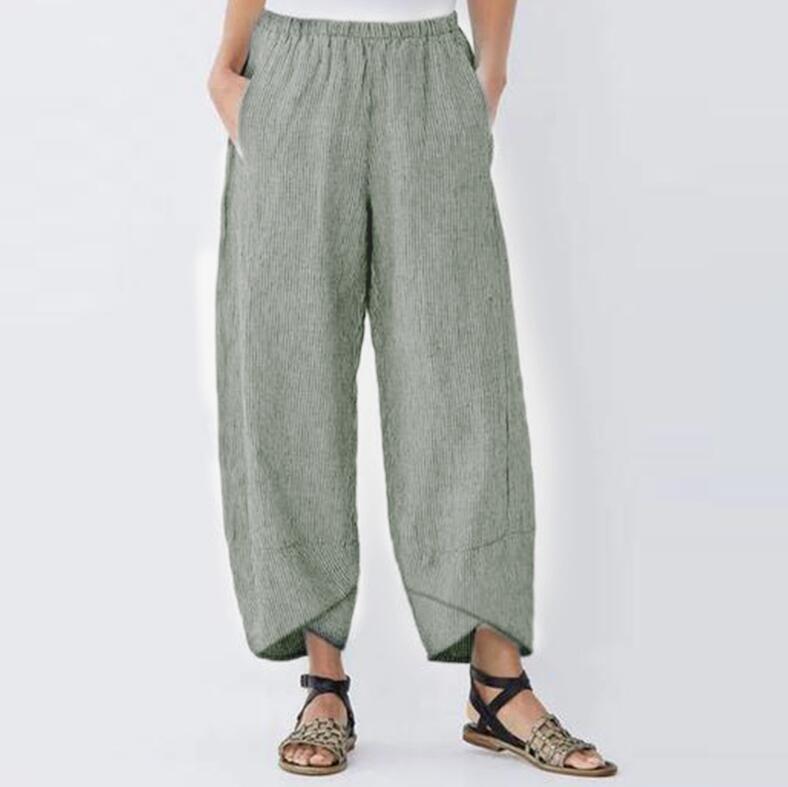 Pantalon sarouel en coton et lin pour femmes, Vintage, taille élastique, jambes larges, décontracté, poches solides, pantalon court et ample