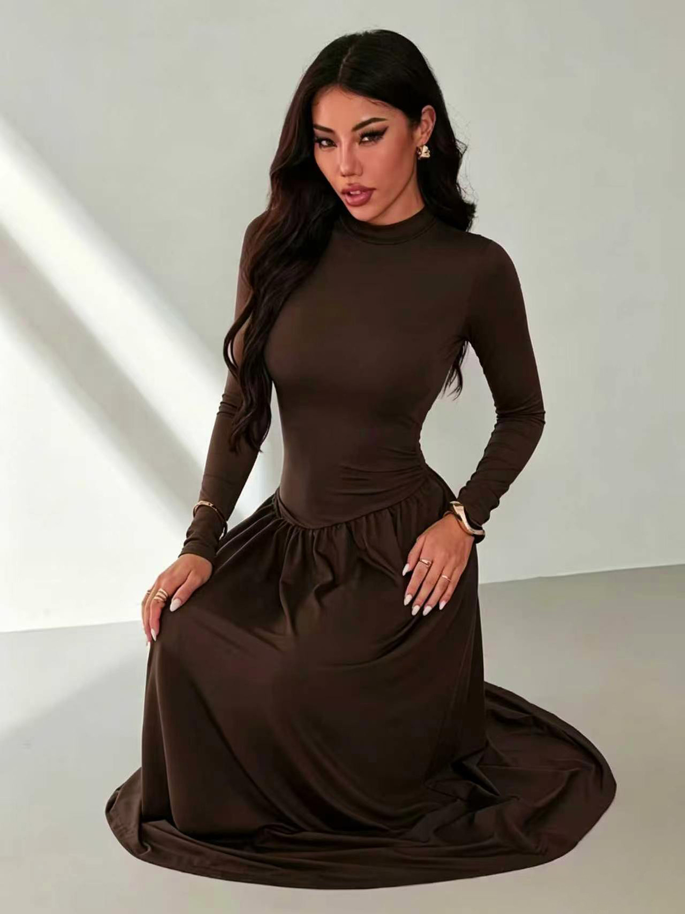 Robe patchwork pour femmes, décontractée, confortable, col rond, col montant, couleur unie, manches longues, jupe longue