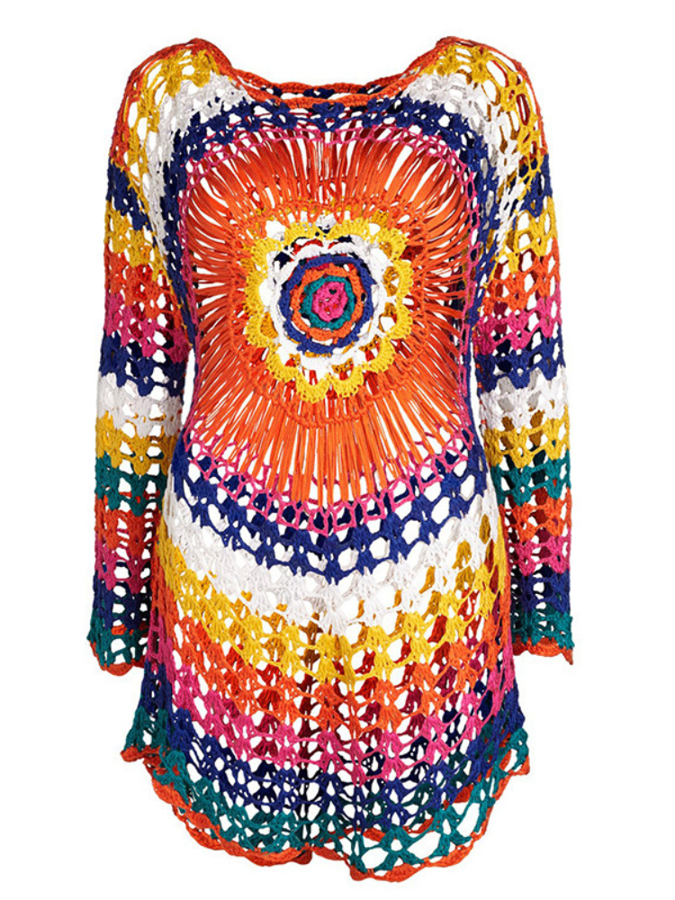 Robe de plage tricotée à manches longues faite à la main, couverture de bikini, haut au crochet arc-en-ciel, tunique de maillots de bain, mode d'été, qualité supérieure