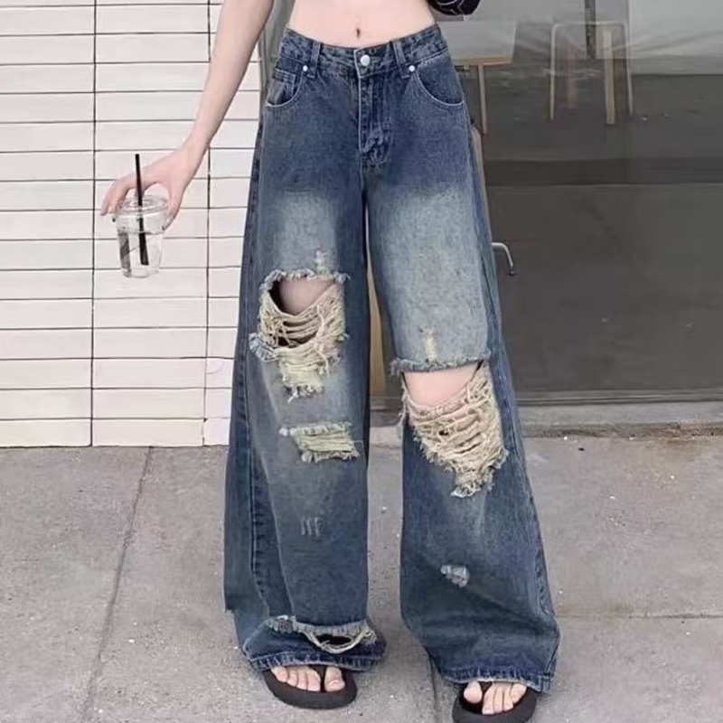 Pantalon en Denim décontracté femmes jean Vintage pantalon droit automne printemps mode femme bleu pantalon à jambes larges trou jean