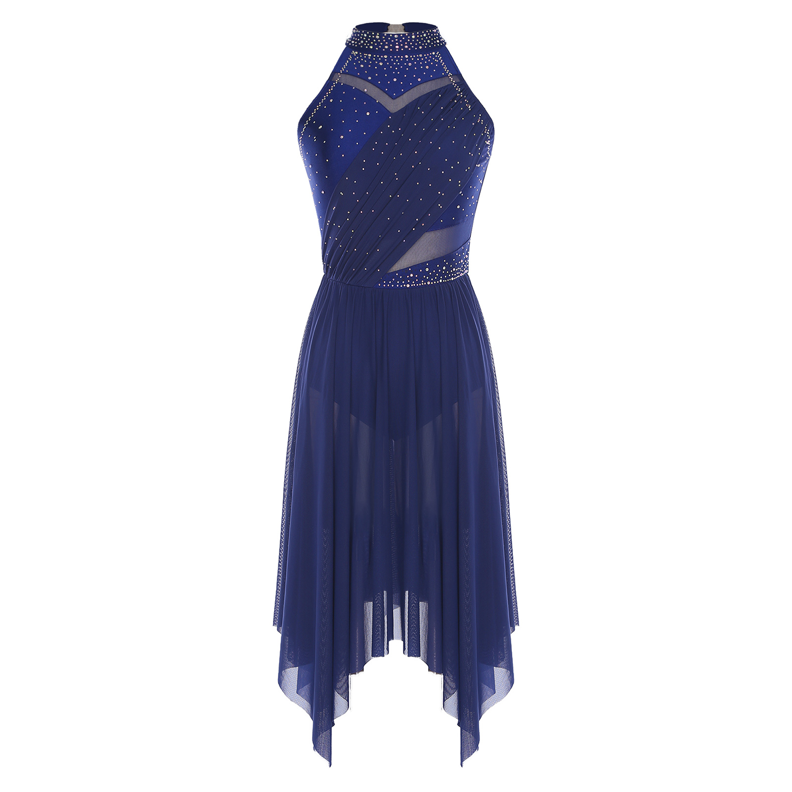 Robe de danse lyrique pour femmes, col licou, strass scintillants, Patchwork, maille irrégulière, ourlet à volants, pour compétition de cours de danse