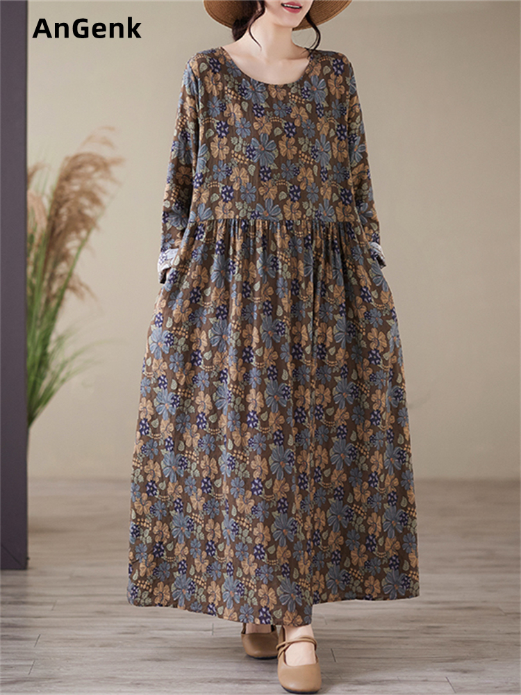 Robe longue à manches longues en coton imprimé floral vintage pour femme, collection Printemps-Automne 2026, style décontracté et ample, vêtements de mode