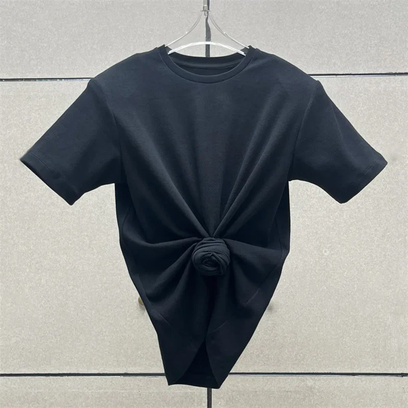 T-shirt femme 2025 été nouveau haut à manches courtes tricoté élastique fleur 3D décoré col rond pull pur coton haut court