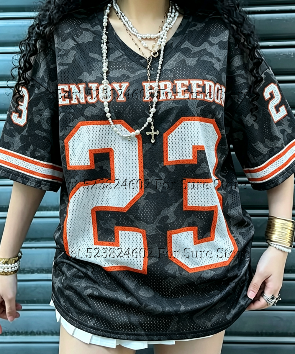 T-shirt à manches courtes pour femme en jersey maille graphique camouflage Realtree vintage 23, style uniforme de baseball décontracté ample hip-hop streetwear