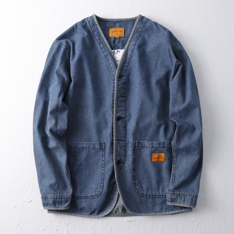 Veste en jean rétro japonaise pour homme, style workwear, délavée, sans col, pour le printemps