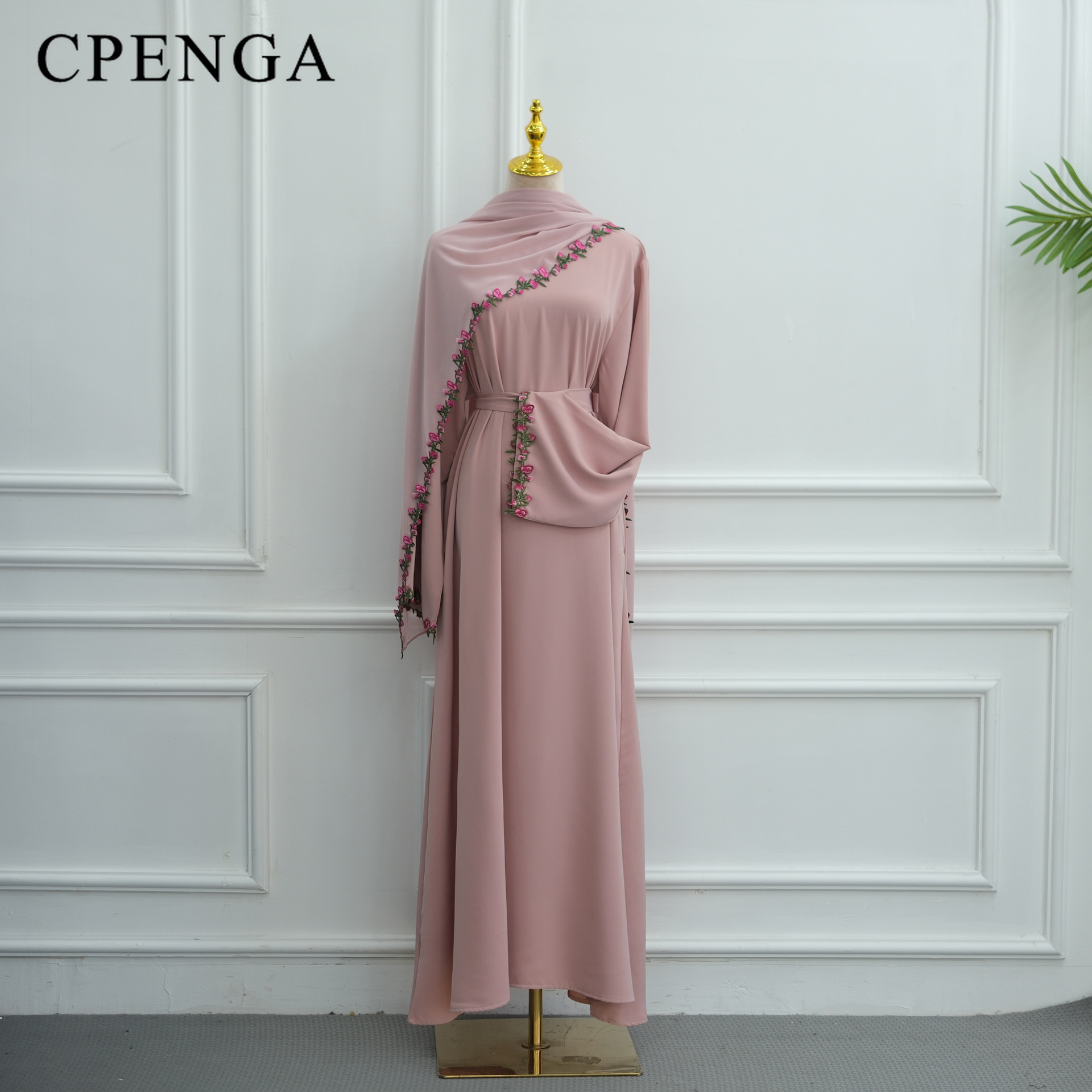 Abaya de luxe de Dubaï avec garniture florale rose et hijab, vêtements islamiques élégants et modestes en Nida pour l'Aïd 2026, nouveau caftan de fête turc pour femme