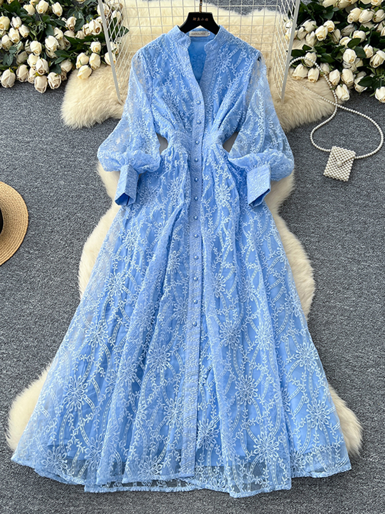 Nouvelle Robe Longue Élégante Française pour Femme, Col Montant, Boutonnage Simple, Taille Brodé, en Tulle, pour Fête d'Anniversaire S93