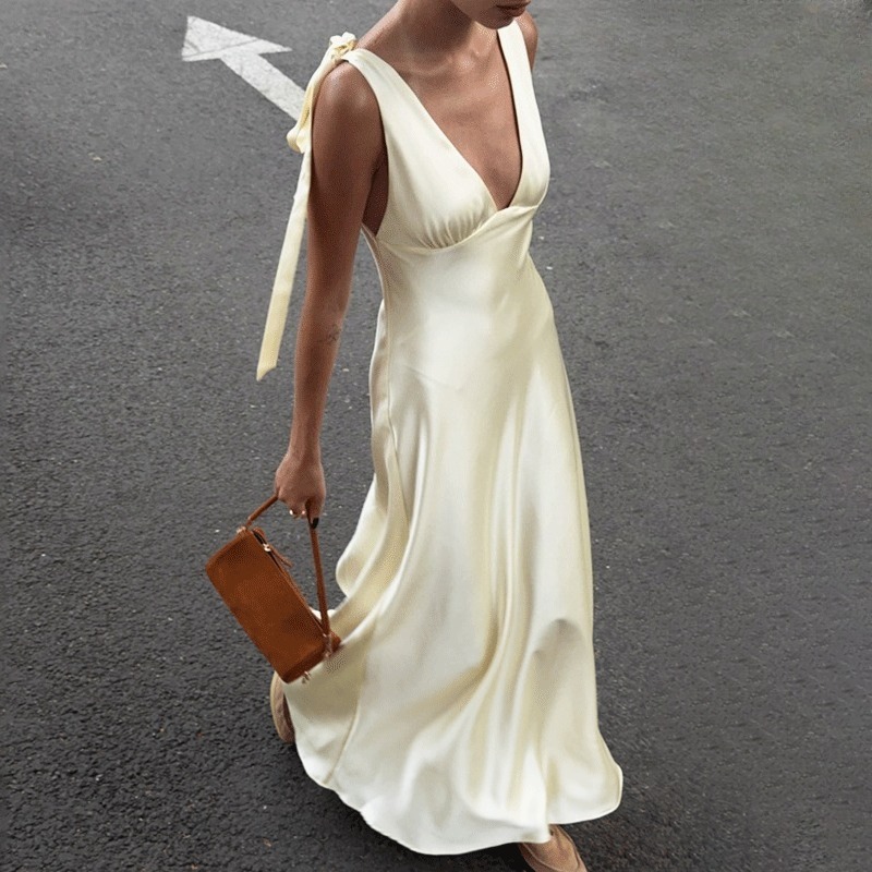 Robe longue élégante Talenza pour femme, col en V, dos nu sexy, en dentelle, sans manches, taille haute, pour soirée et fête