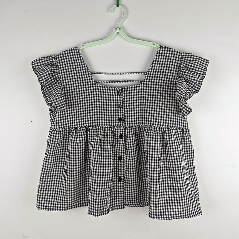 Chemise d'été en coton de Style coréen pour femmes, haut ample et respirant à col carré à carreaux avec petites manches flottantes