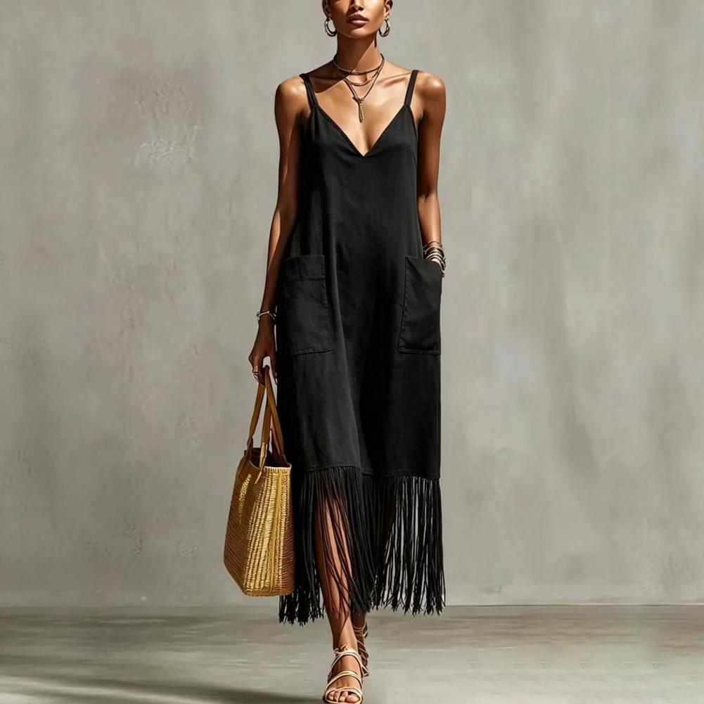 Robe de soirée décontractée à franges, robe longue à ourlet à franges, robe ample à bretelles spaghetti pour les vacances à la plage avec poches