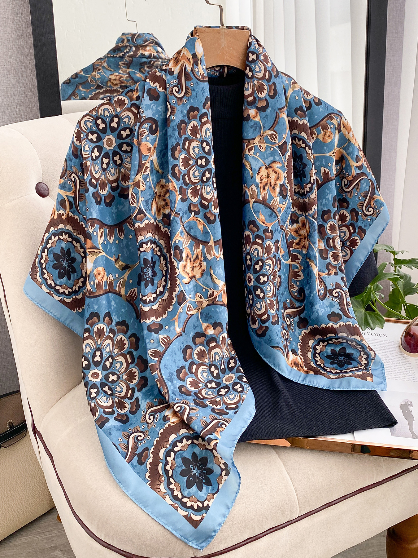Écharpe en soie imitation rétro de style européen, imprimée, 90x90cm, carré, foulard pour femmes, châles, bandana, hijabs pour femmes