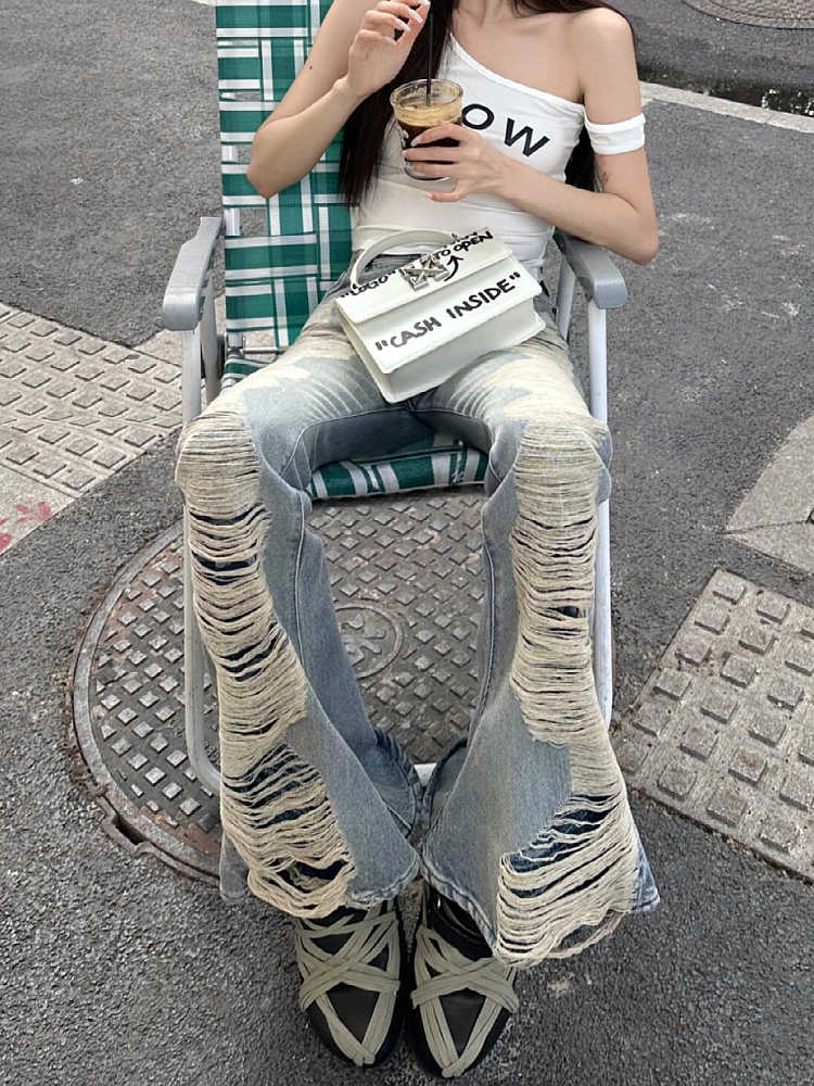 Été femmes Goblin Core Abi Grunge Cyber Punk Flare Jean Y2k japonais Harajuku taille basse déchiré Denim pantalon 2000s cloche-bas