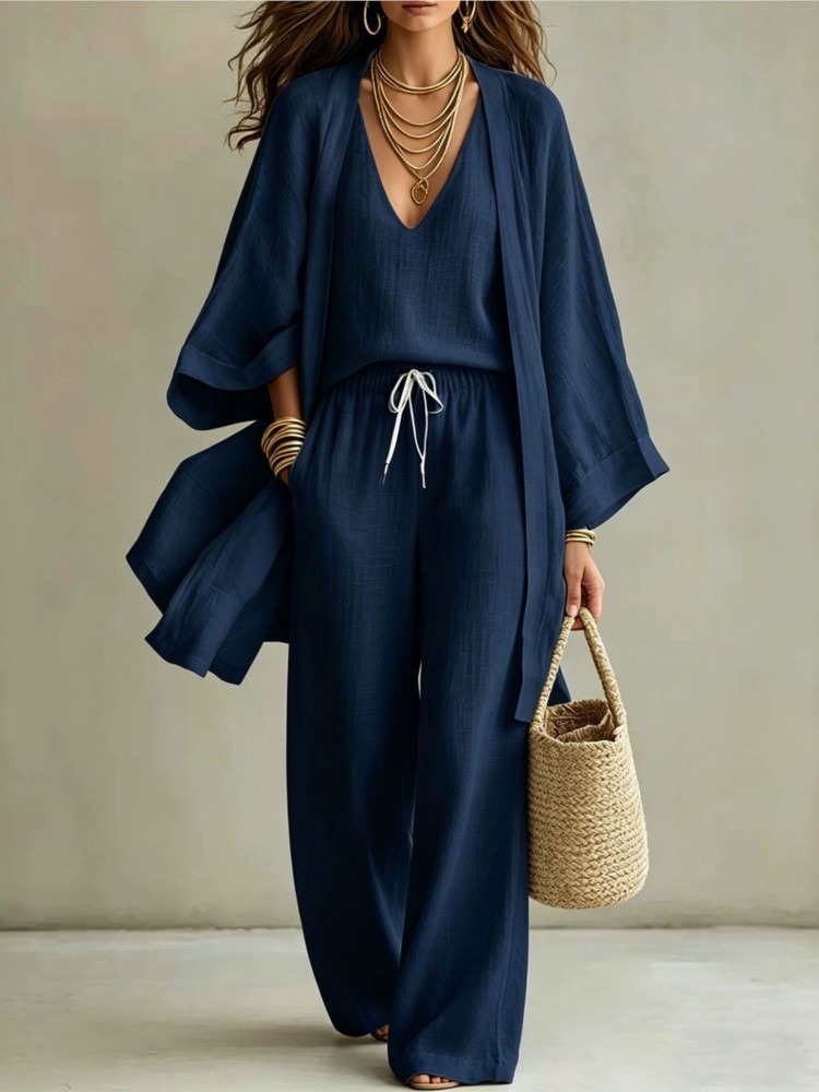 Ensemble trois pièces pour femmes, été, nouveau, couleur unie, décontracté, coton et lin, cardigan à manches trois-quarts, gilet sans manches, pantalon long