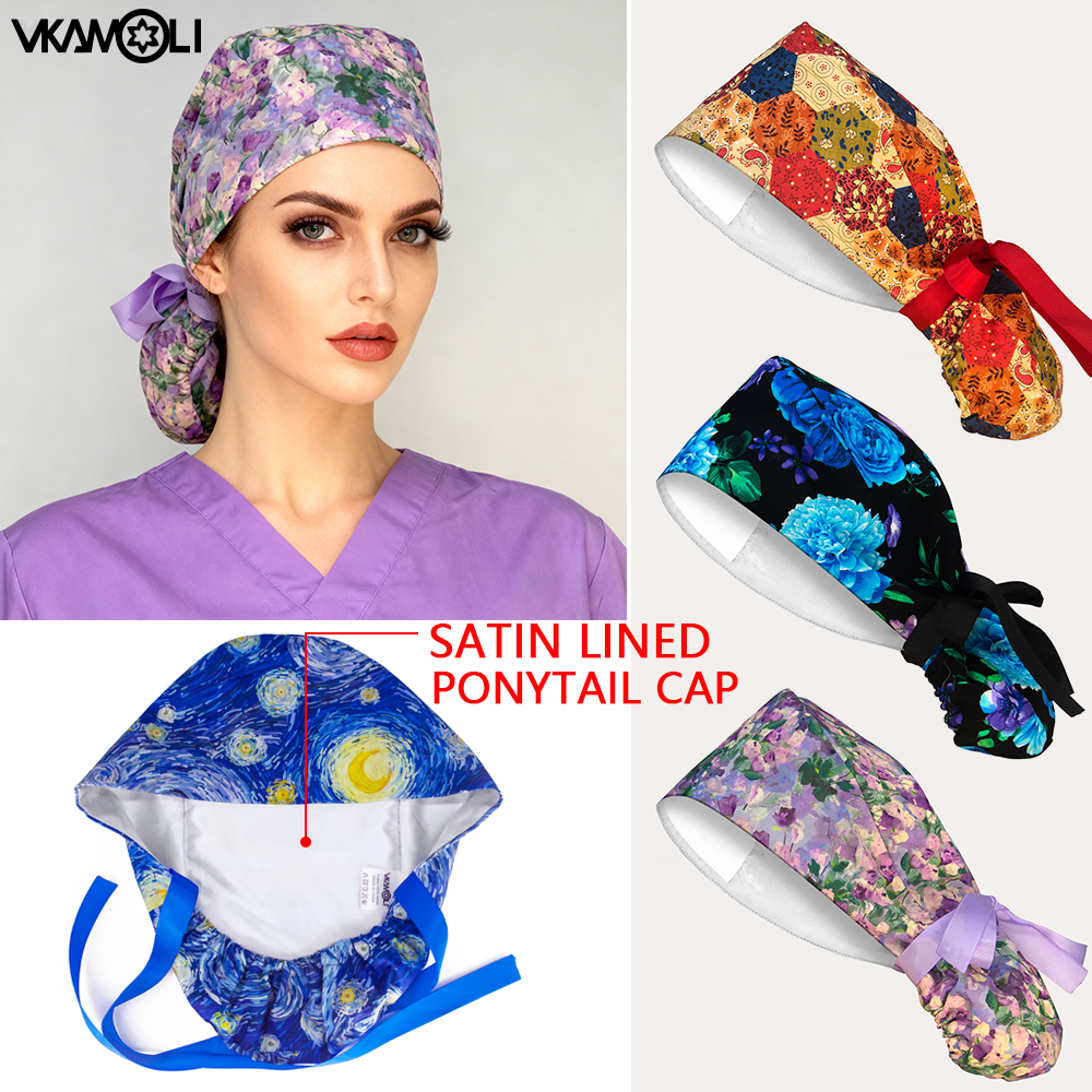 Casquette chirurgicale à cheveux longs imprimés de fleurs, avec doublure en satin, casquette de médecin et d'infirmière, chapeau de gommage pour dames