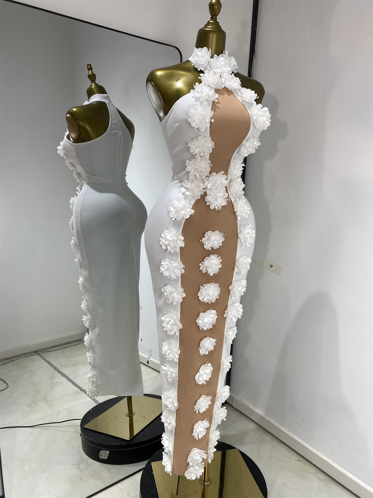 Robes bandage blanches pour femmes, élégantes, beige, patchwork, fleurs, sans manches, moulantes, longues, pour soirée, cocktail, rendez-vous