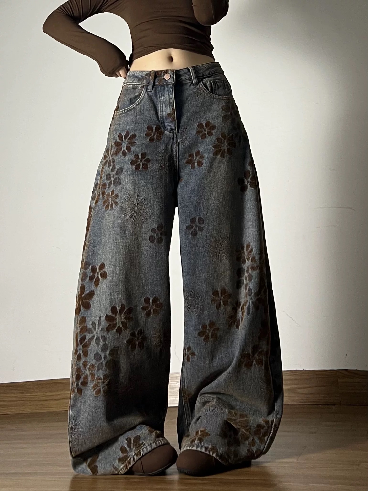 Jean de Style américain pour femmes, Jacquard, couteau incurvé, rétro, délavé, pantalon de sol ample, épicé, polyvalent, mode Y2K, hiver