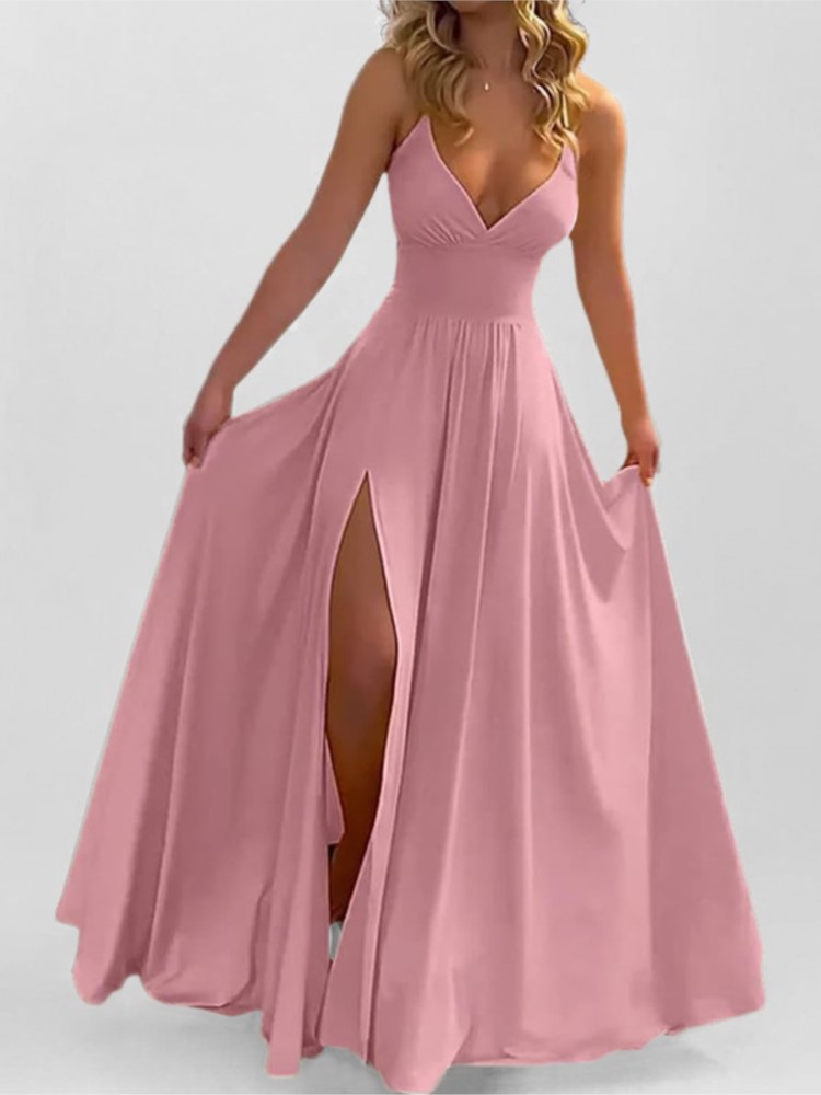Robe longue tendance pour femme, col en V, dos nu, sans manches, à fines bretelles, taille haute, style débardeur, pour fêtes, rendez-vous et shopping