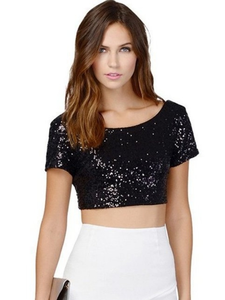 Haut court brillant à manches courtes pour femme, Sexy, couleur unie, col rond, confortable, Vintage, pull de soirée, Streetwear