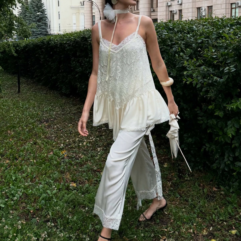 Combhasaki femmes été dentelle florale pure transparent Camis Satin soyeux irrégulière à volants ourlet Patchwork chemise robe couvertures