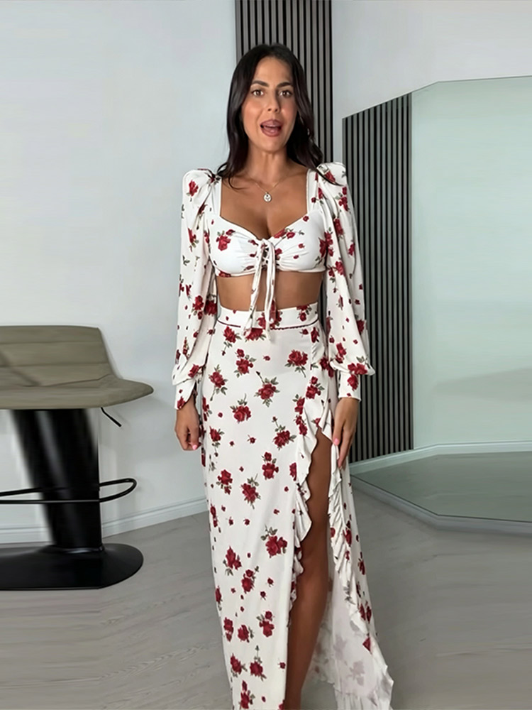 Ensemble jupe et haut imprimé sexy pour femme, haut ajusté à manches longues et col en V avec lacets, jupe longue fendue à volants, mode été 2026