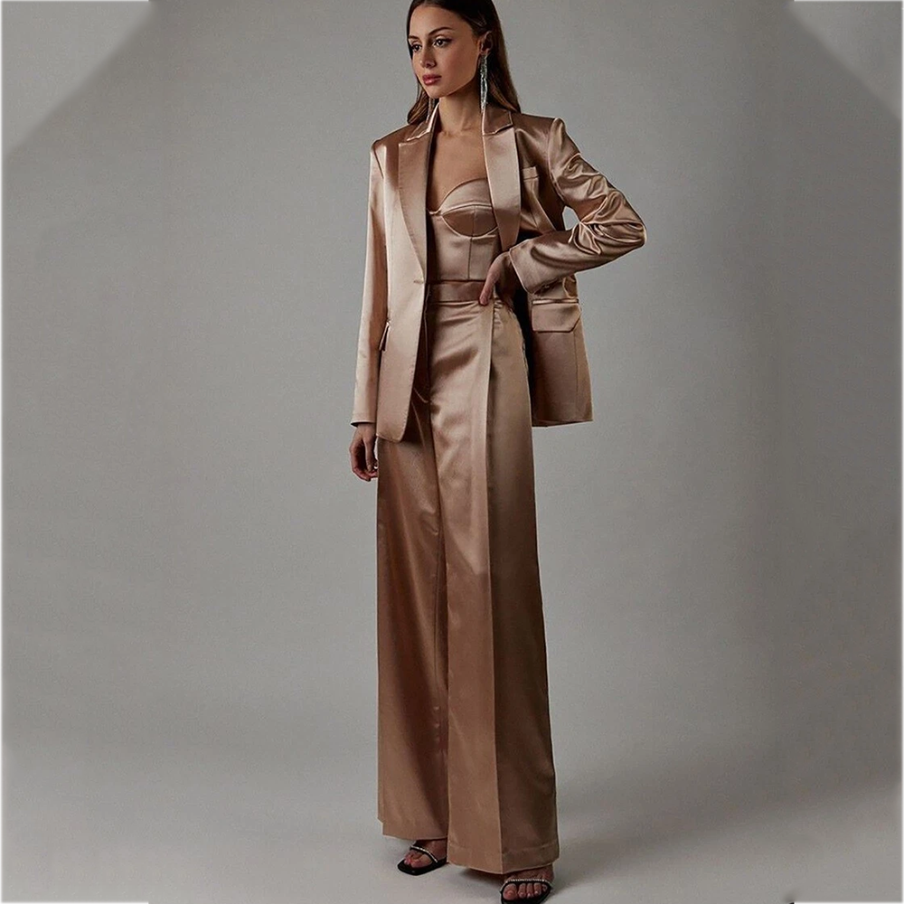 Costume pantalon en Satin à la mode, ajusté régulier, revers à pointe, tenue professionnelle Chic, bouton unique, ensemble Blazer formel pour dame de bureau