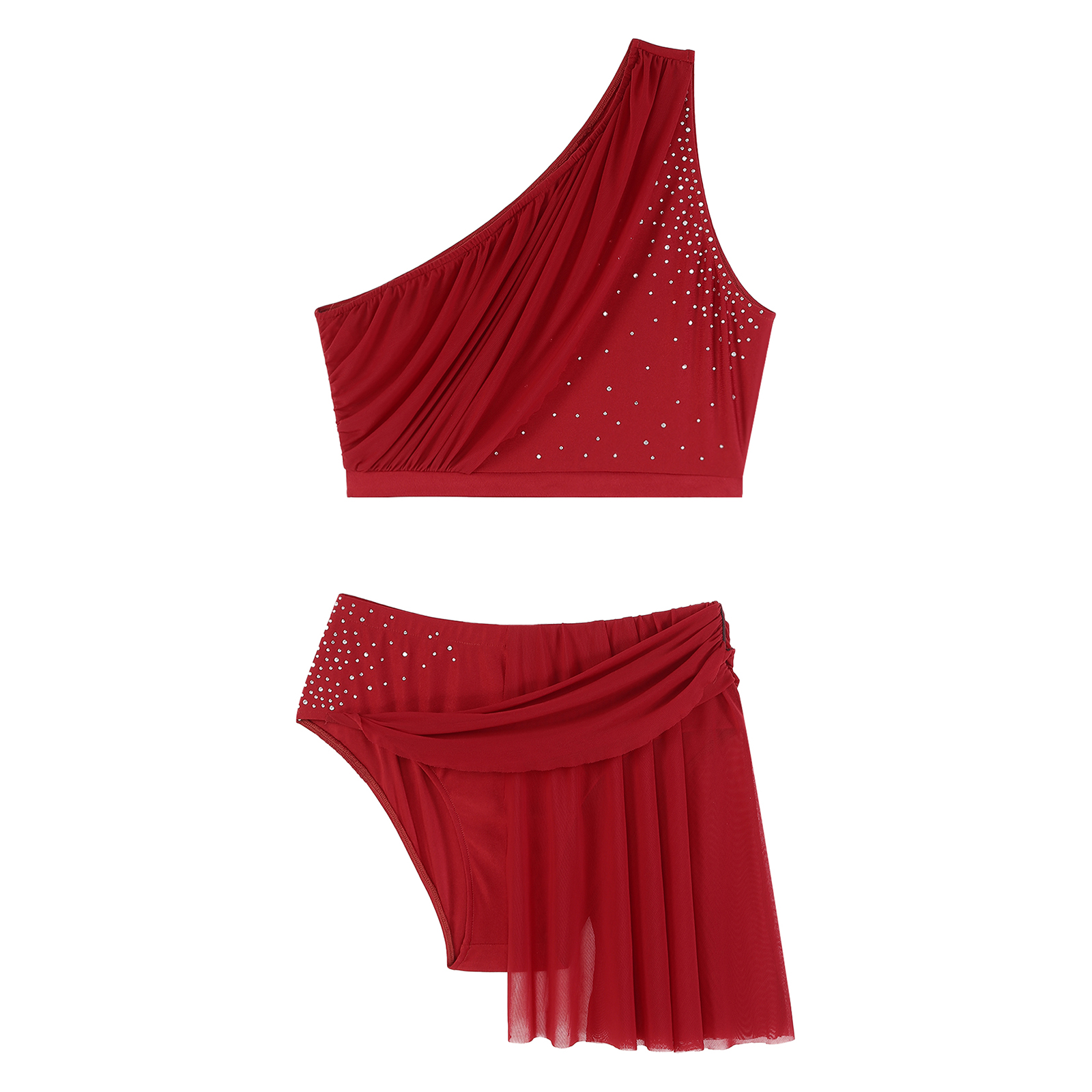 Tenue de danse lyrique moderne pour femmes, patinage artistique, gymnastique, strass brillants, haut court avec jupe en maille, slip, vêtements de danse