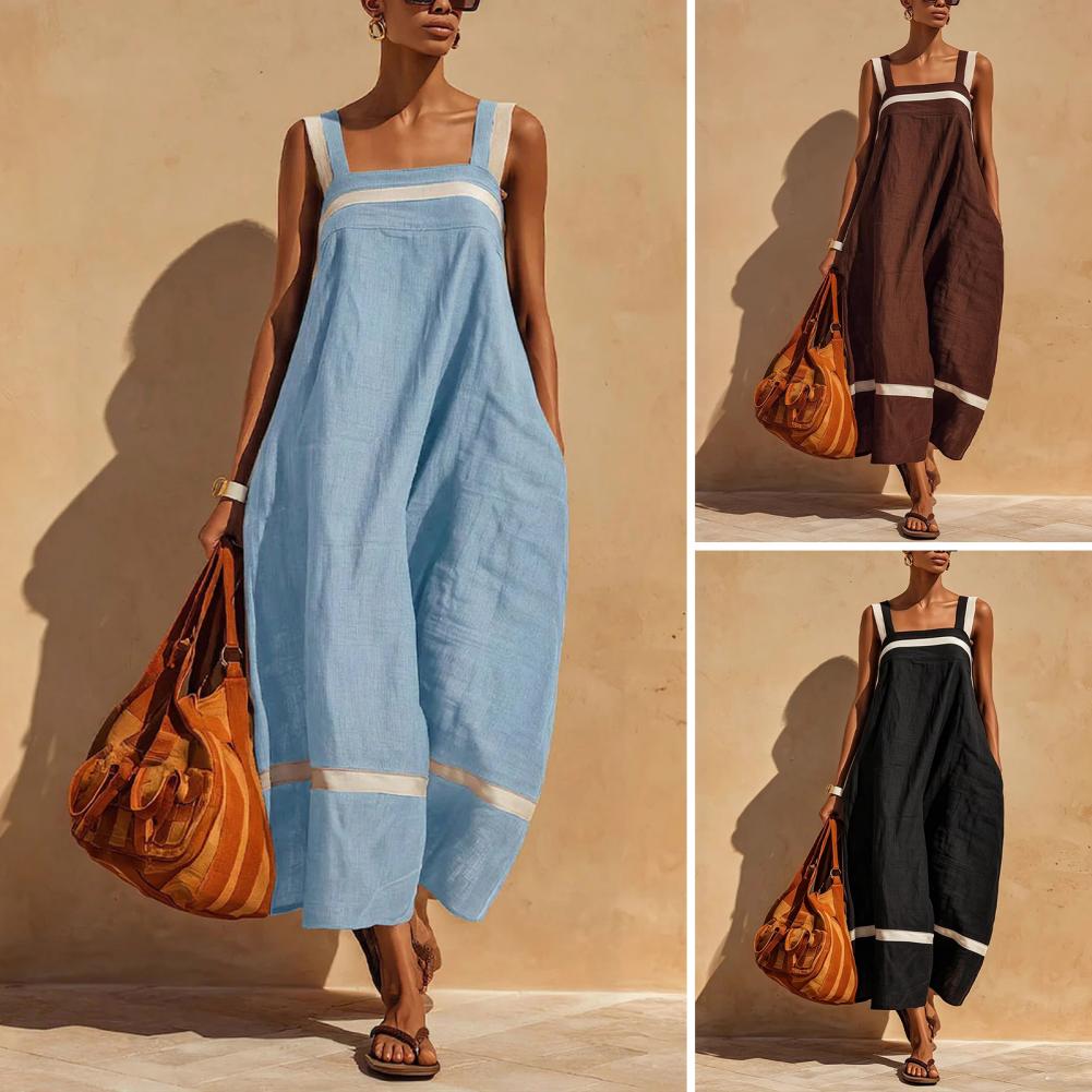 Robe d'été pour femmes, robe longue ample en coton et lin sans manches, décorée de pompons, avec poches, idéale pour les vacances
