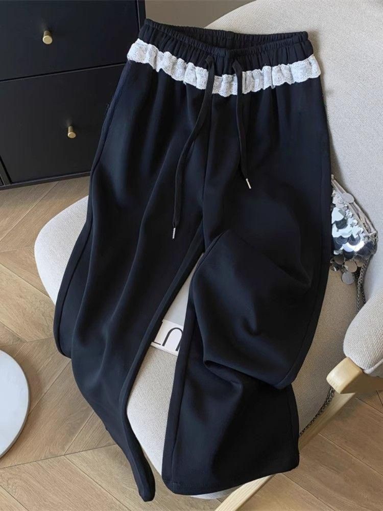Mode coréenne solide pantalon femme gris dentelle Patchwork pantalons de survêtement femmes taille haute décontractée pantalon ample élégant pantalon à jambes larges