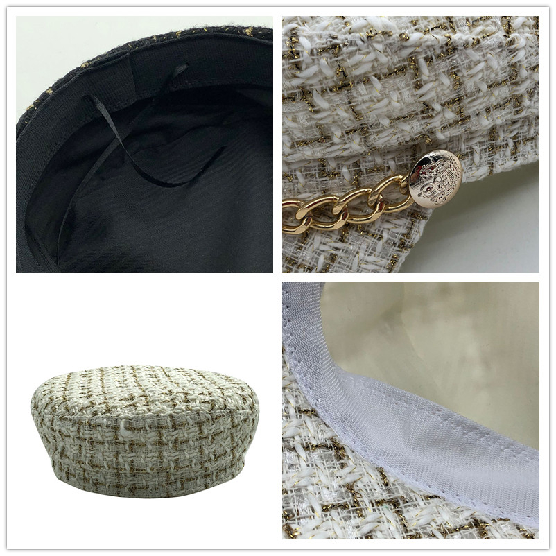 Casquette en laine pour femmes, chapeau plat, élégant, solide, chaîne en métal, chaud, streetwear décontracté, automne hiver