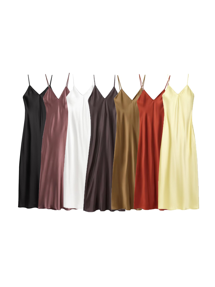 Robe mi-longue en Satin pour femmes, col en V, bretelles fines, dos nu, robes féminines, mode Sexy