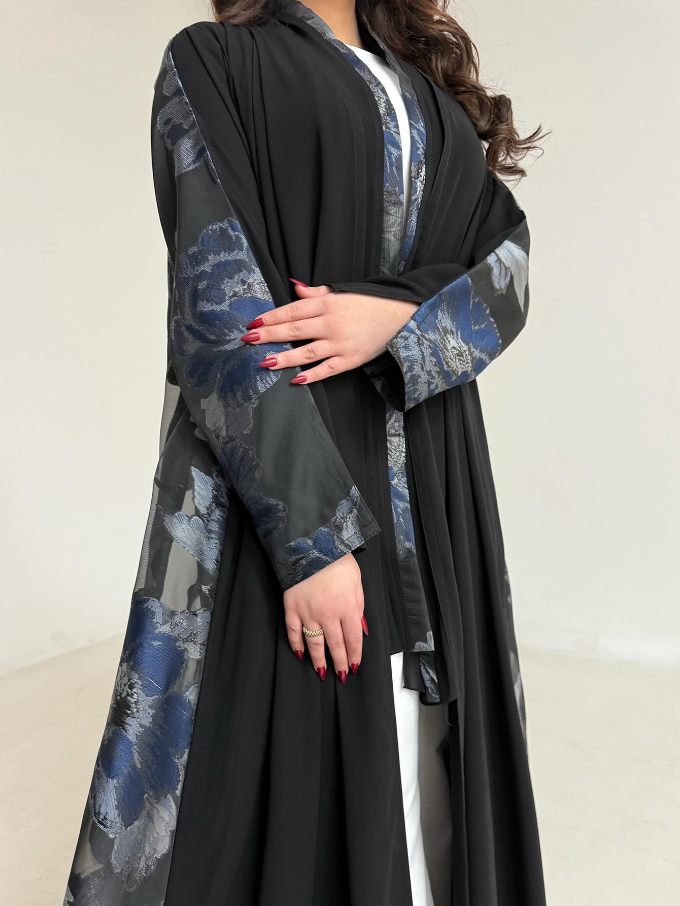 Abaya noire à imprimé floral pour femmes, robe arabe élégante à manches longues et amples