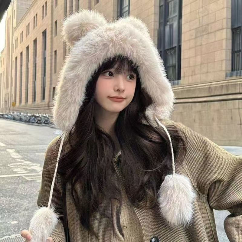 Chapeau d'oreille d'ours mignon en peluche pour femmes, Protection d'oreille épaisse et chaude, chapeau de vent et de neige, chapeau en peluche petit ours Lei Feng, nouvelle collection hiver