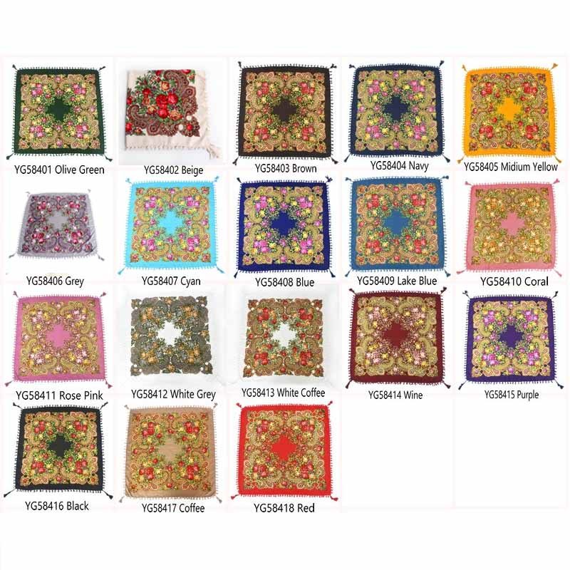 Écharpe carrée à pampilles pour femmes russes, châle imprimé floral pour dames, bande de sauna courte, cape rétro, écharpes rondes, 90x90cm, mode, YG584