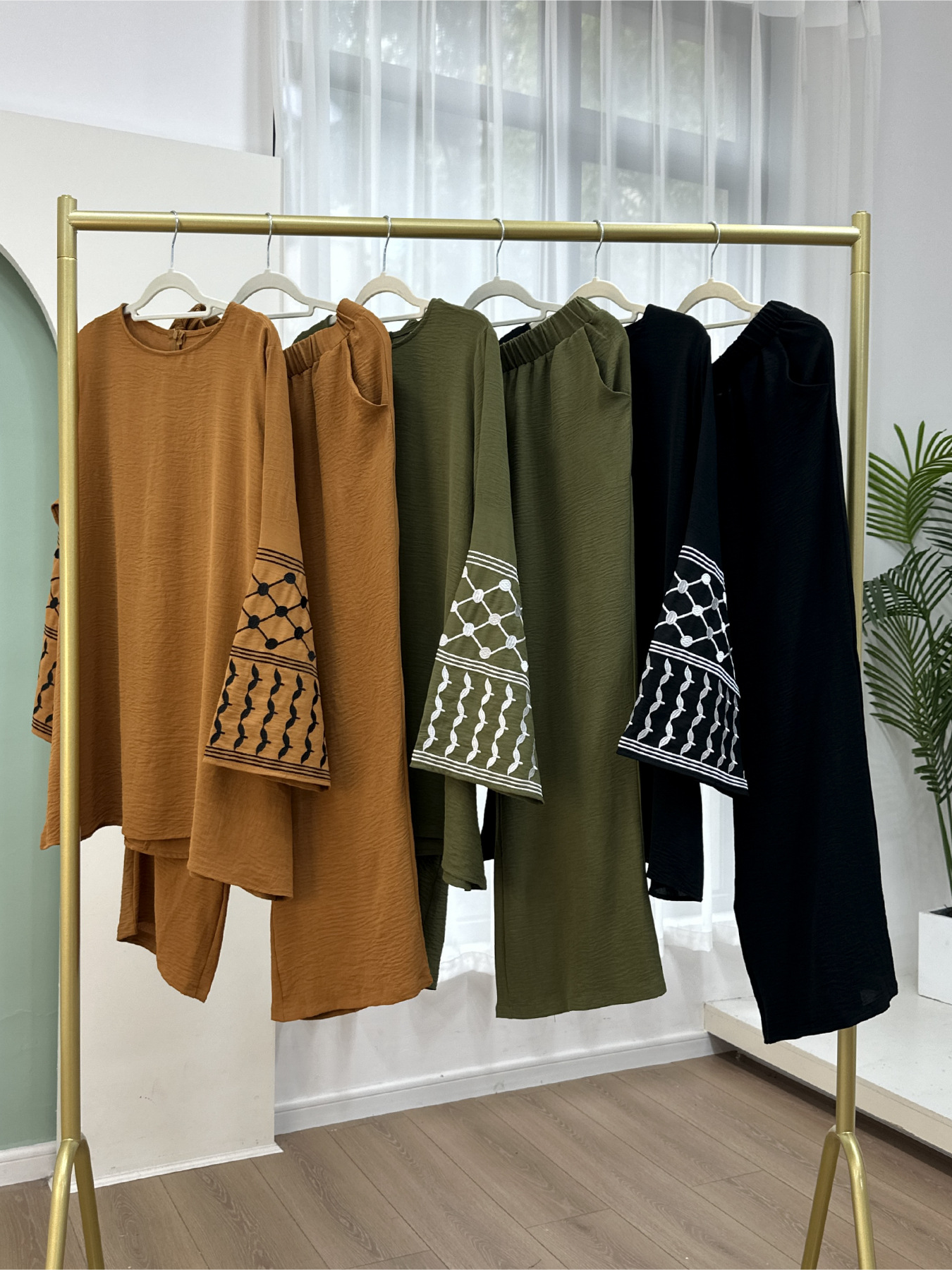 Ensemble musulman deux pièces pour femmes, chemise et pantalon, broderie trempée, chemisier, ensembles musulmans, caftan marocain, ensembles islamiques, Ramadan, Eid