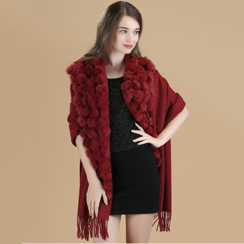 Marque de luxe cachemire Pashmina femmes hiver épais chaud réel fourrure de lapin pompon boule châles et enveloppes femmes 100% laine écharpe