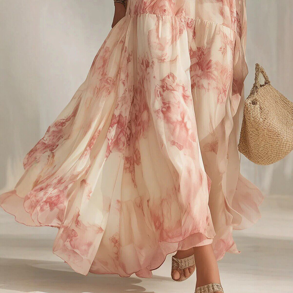 Robe longue bohème en mousseline imprimée florale pour femme, sexy, col en V profond, taille haute, manches bouffantes, élégante et fluide pour les vacances