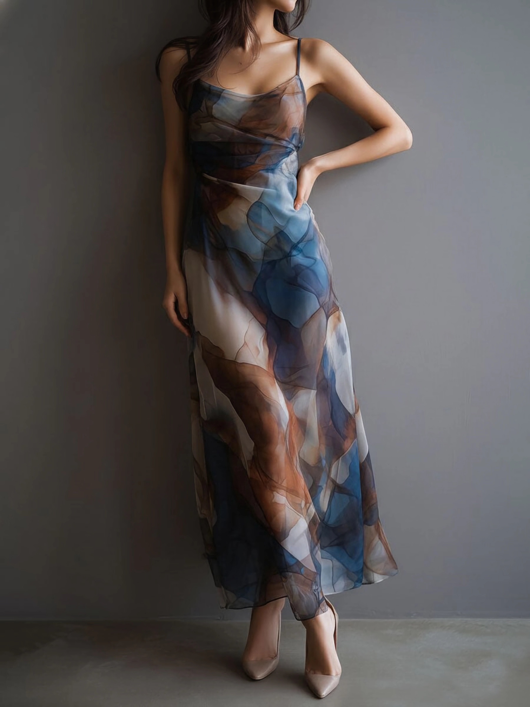 Robe longue décontractée et élégante en mousseline pour femme, sans manches, dos nu, imprimé abstrait aquarelle, idéale pour le quotidien, les fêtes et les vacances