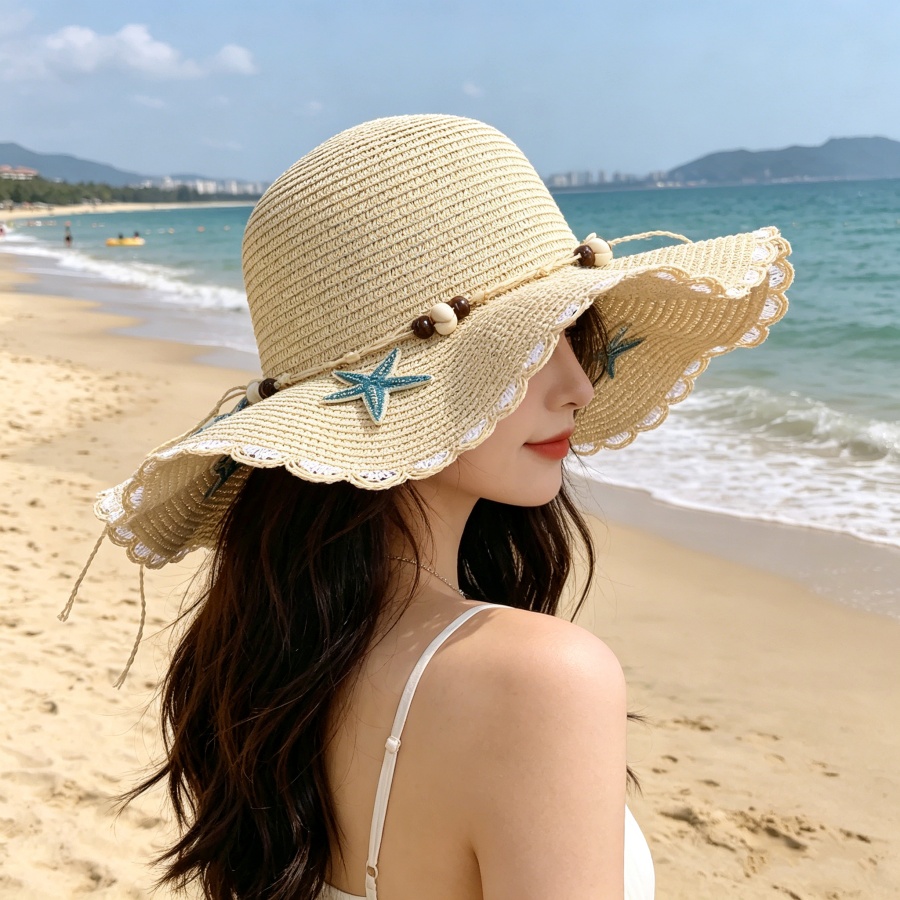 Chapeau de paille à large bord style bohème orné de coquillages, design ajouré respirant, bord ondulé, protection solaire, idéal pour les activités en bord de mer et les séances photo
