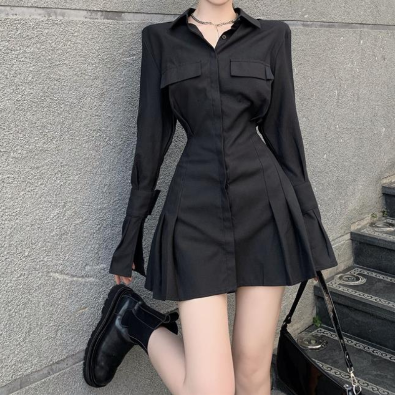 HOUZHOU Robe chemise noire femmes élégant Vintage robes à manches longues Sexy gothique plissé Streetwear col rabattu Robe décontractée