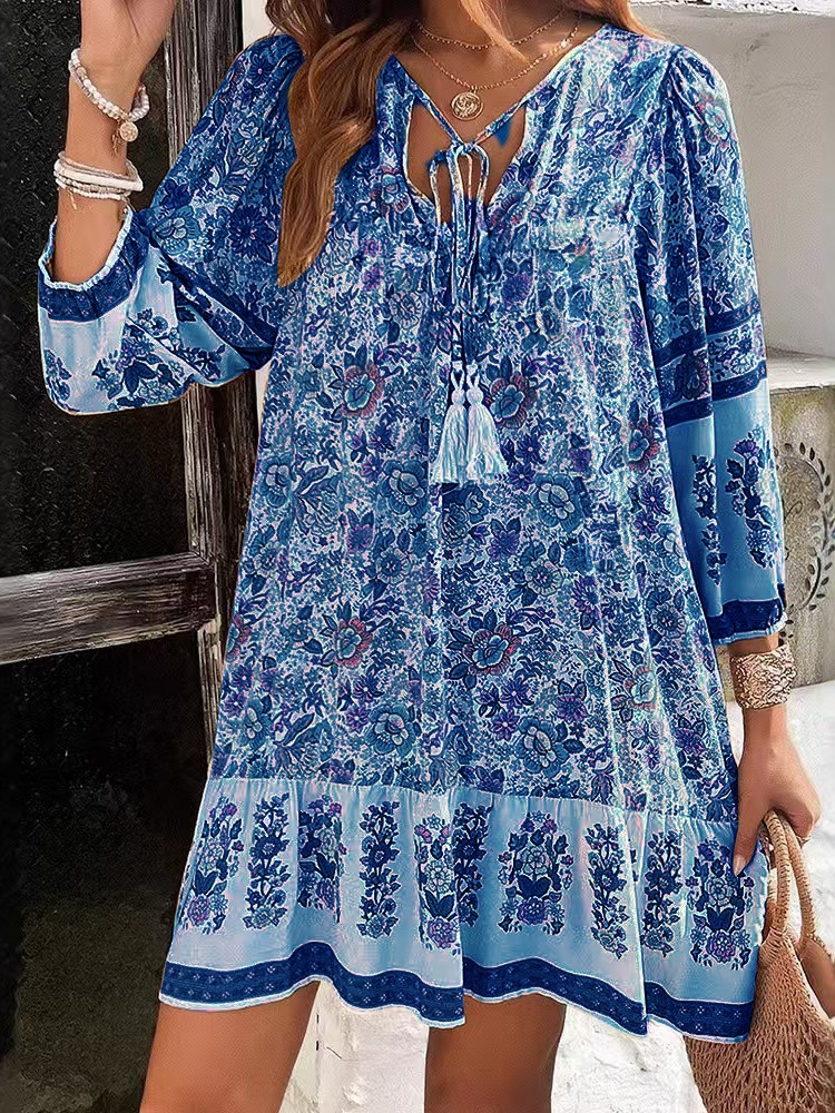 Robe ample imprimée décontractée pour femmes, mode manches longues, col en V, à lacets, Vintage, pull, style Boho, vêtements de vacances pour femmes