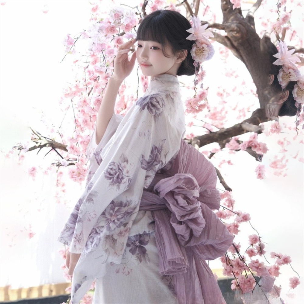 Kimono Yukata imprimé fleurs de cerisier, robe japonaise traditionnelle améliorée pour femmes, costume de cosplay pour séance photo et Halloween